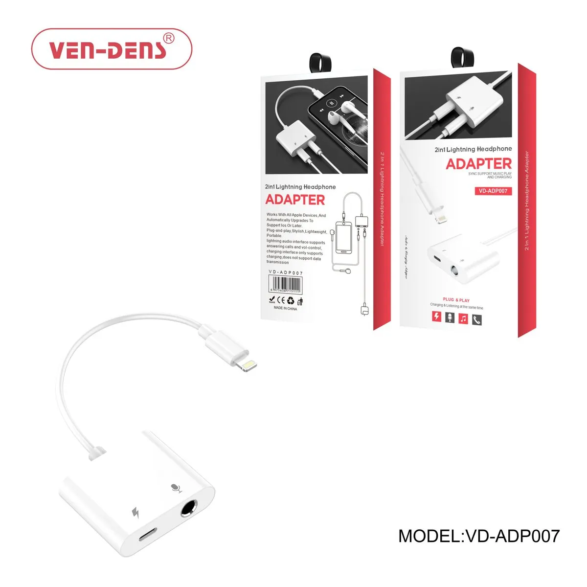 Ven-Dens VD-ADP007 white Lightning adapter with a 3.5mm headphone socket and a Lightning charging socket, with its box