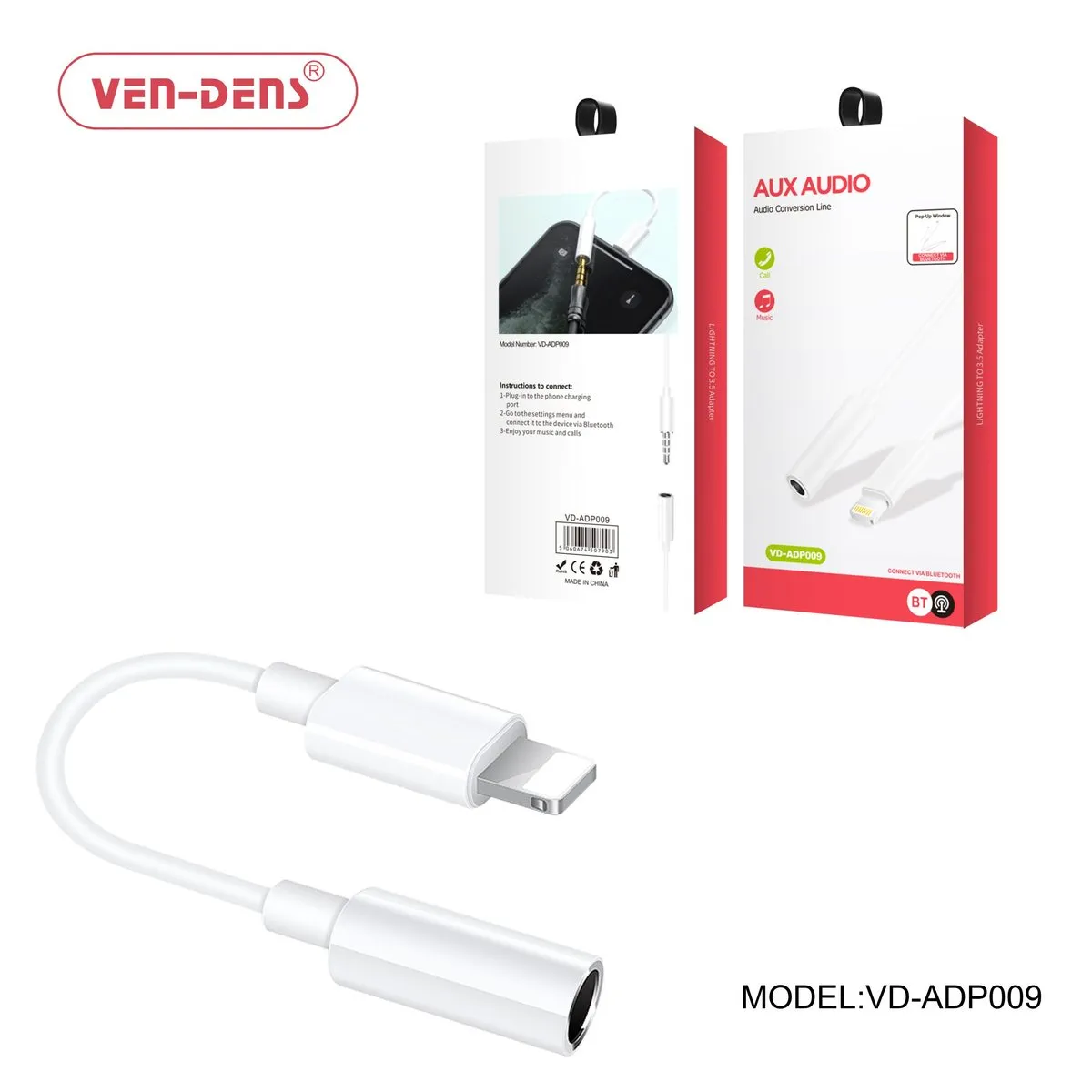 Ven-Dens VD-ADP009 white Lightning to 3.5mm headphone adapter, with its box
