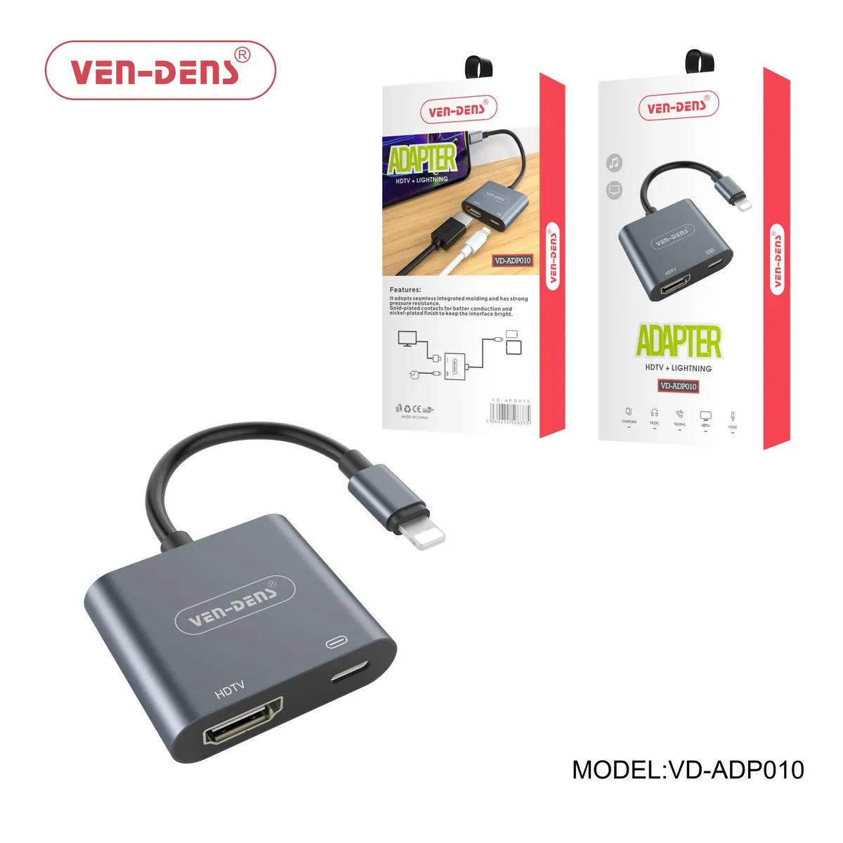 Ven-Dens VD-ADP010 grey Lightning to HDMI adapter with a Lightning charging socket, with its box