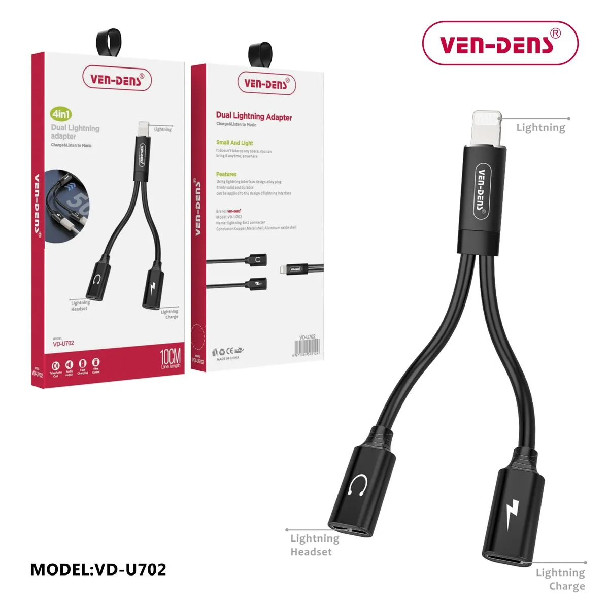 Ven-Dens VD-ADP004 black 10cm Lightning splitter cable with two Lightning sockets, with its box