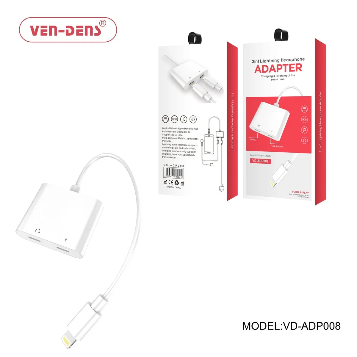 Ven-Dens VD-ADP008 white Lightning splitter with two Lightning sockets, with its box