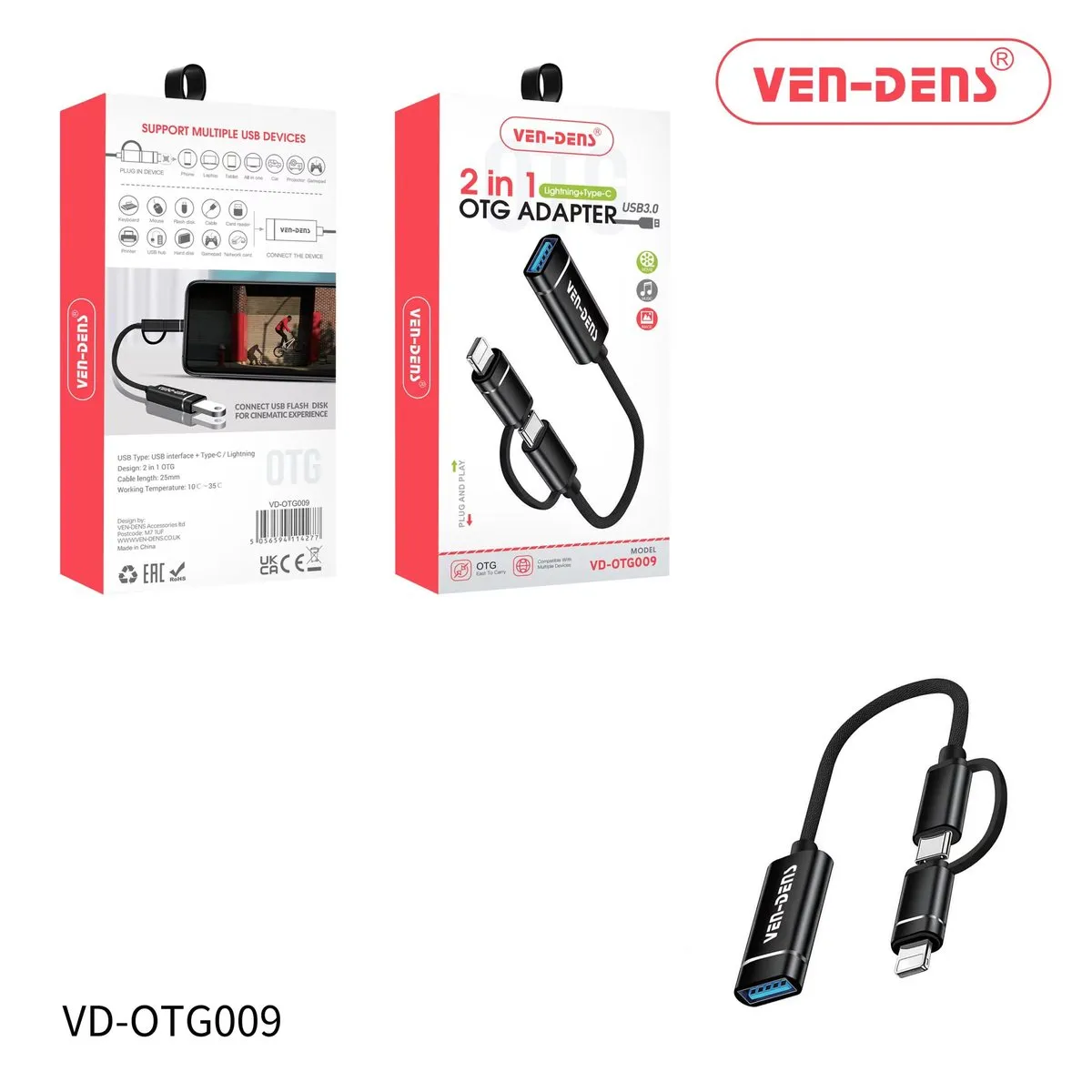 Ven-Dens VD-OTG009 2-in-1 OTG adapter with a USB-A socket and Lightning and USB-C plugs, with its box