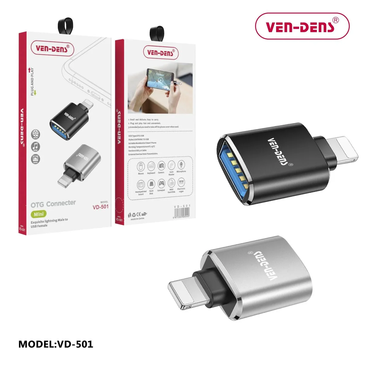 Ven-Dens VD-OTG001 small Lightning to USB-A OTG adapters in black and silver, with their box