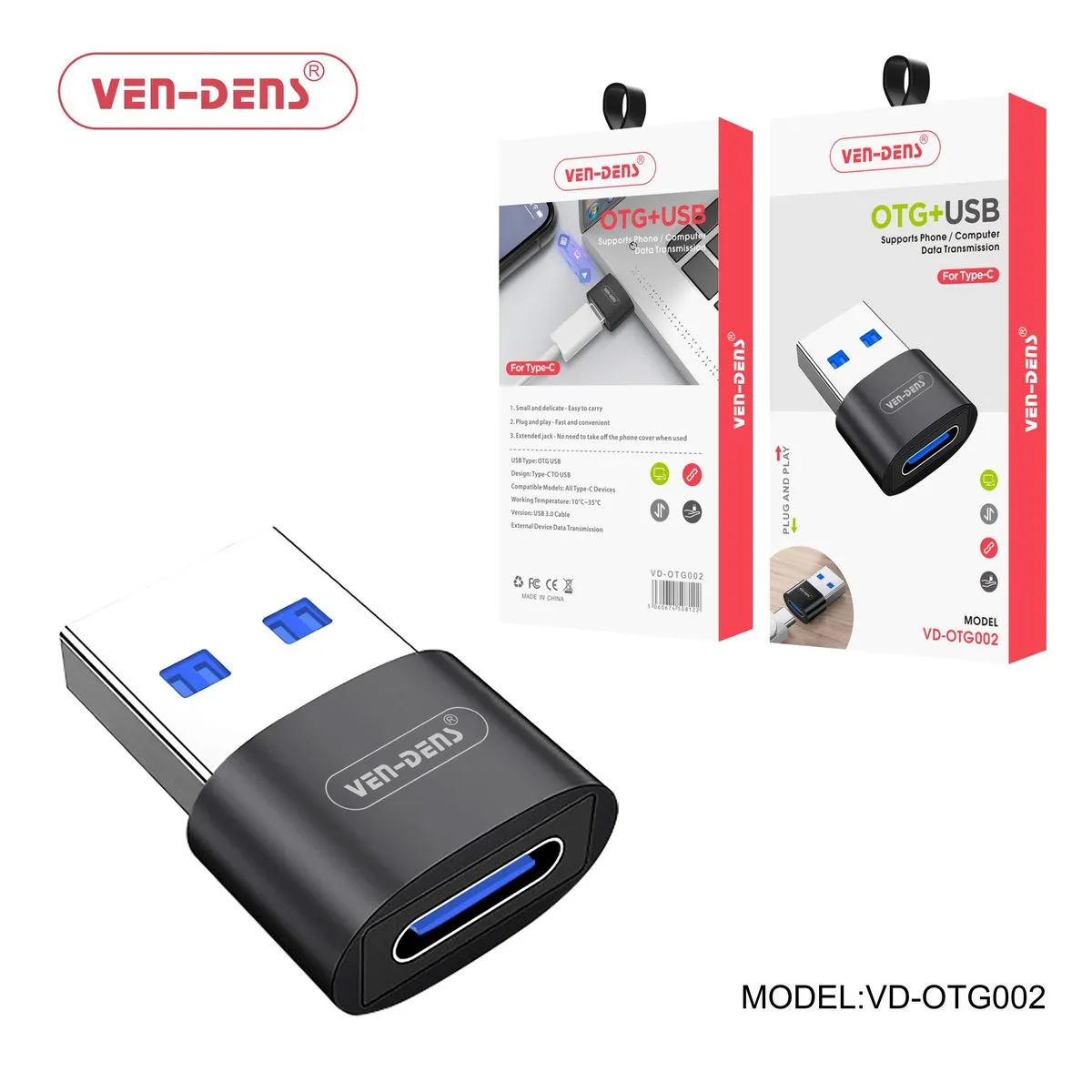 Ven-Dens VD-OTG002 small black USB-C OTG adapter with a USB-A socket, with its box