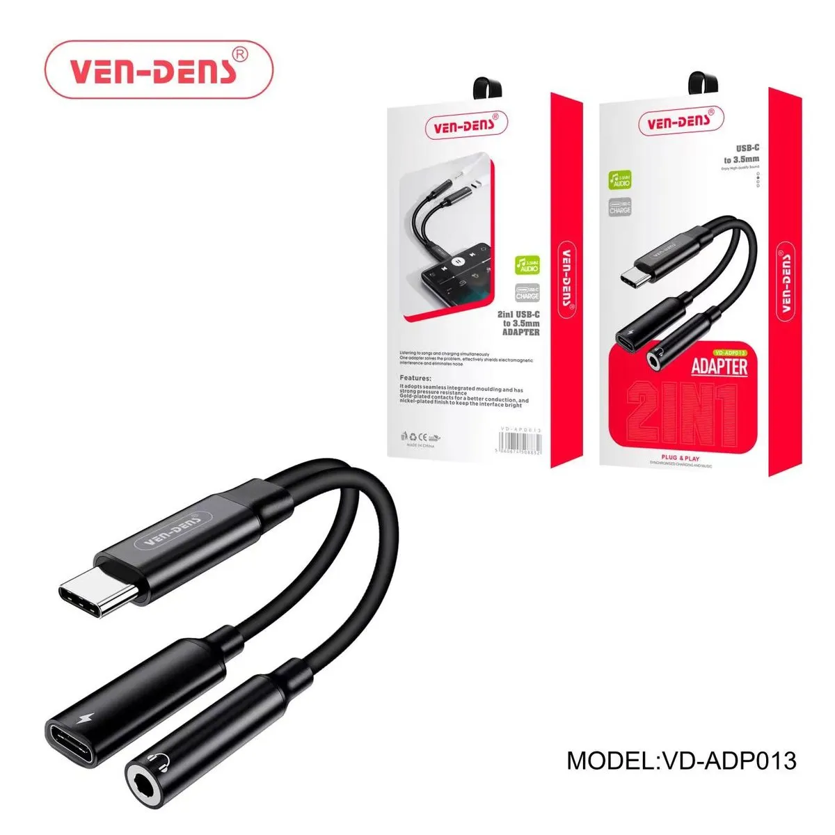 Ven-Dens VD-ADP013 black USB-C adapter with a 3.5mm headphone socket and a USB-C charging socket, with its box