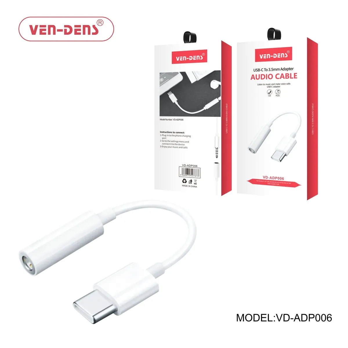 Ven-Dens VD-ADP006 white USB-C to 3.5mm headphone adapter, with its box