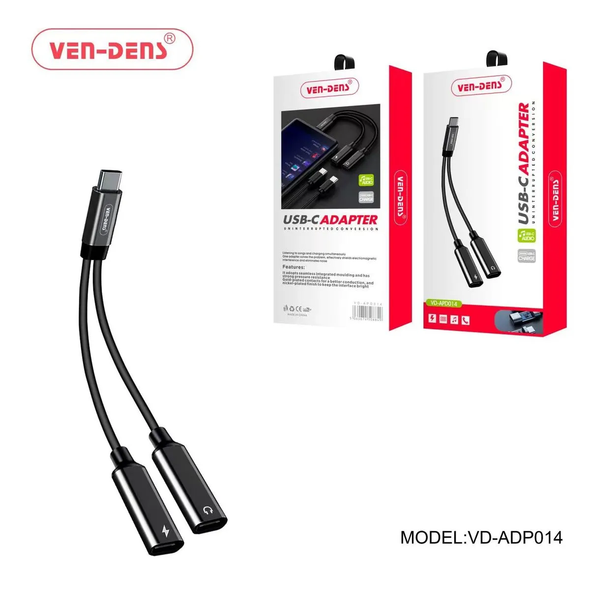 Ven-Dens VD-ADP014 black USB-C splitter with two USB-C sockets, with its box