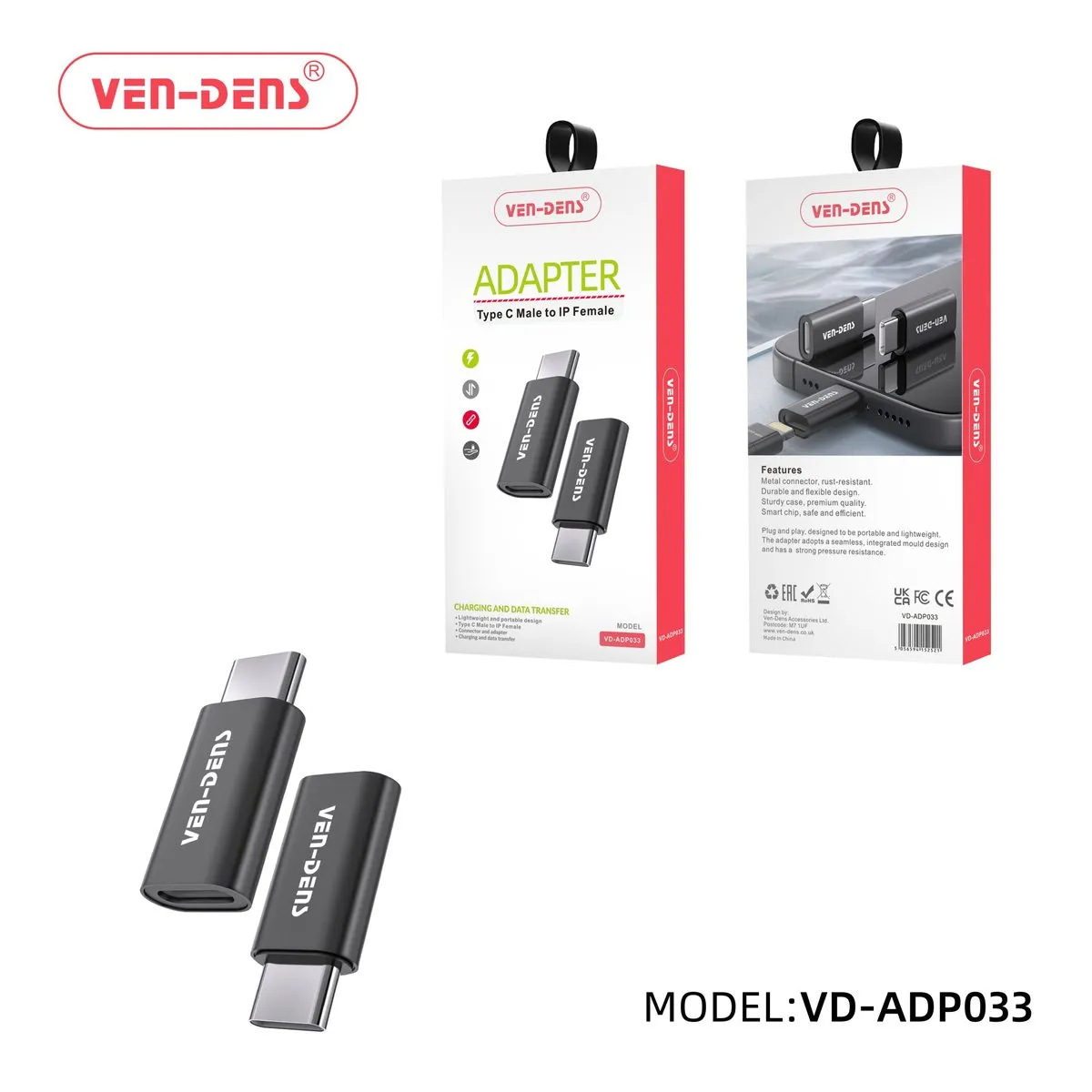 Ven-Dens VD-ADP033 black USB-C male to female adapters, with their box