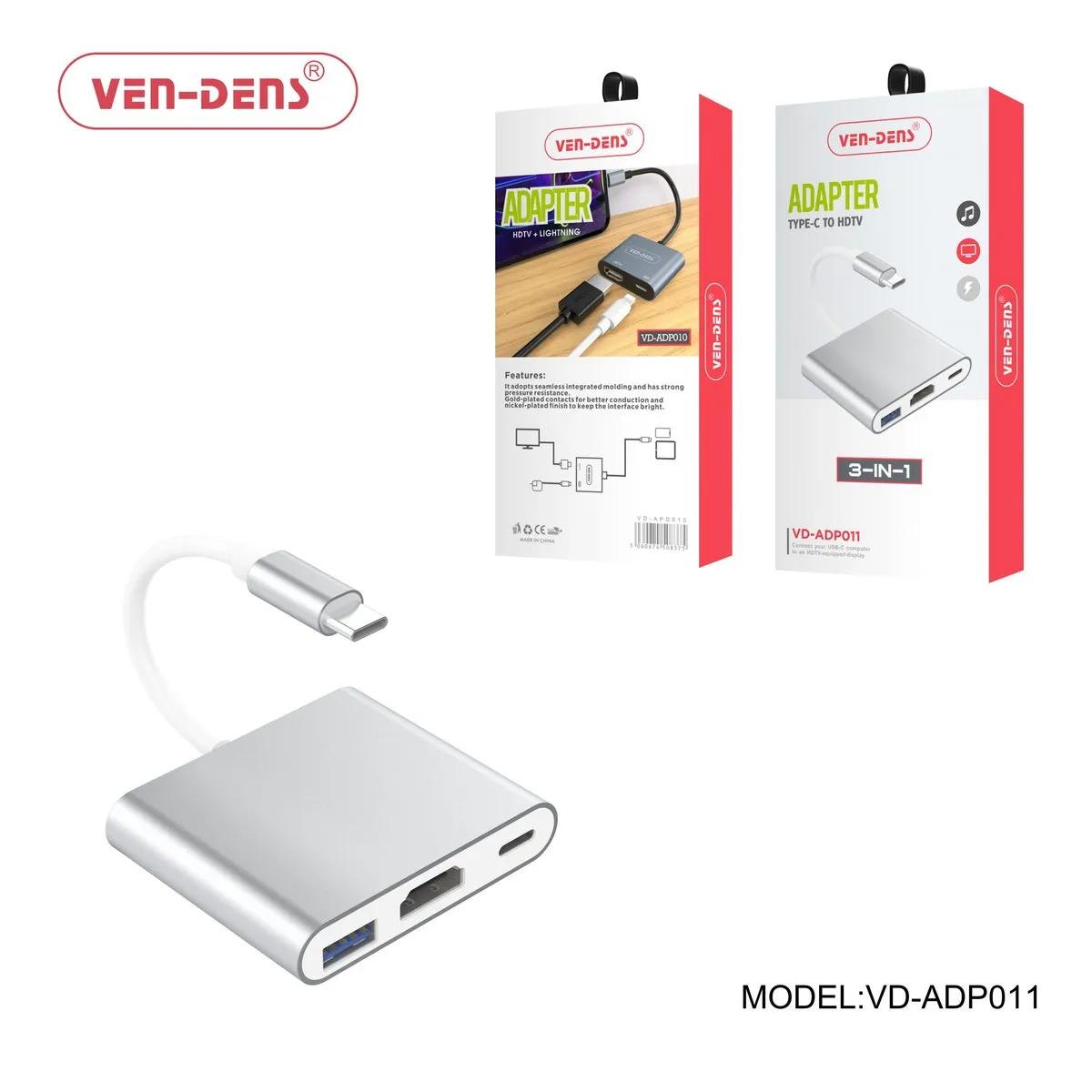 Ven-Dens VD-ADP011 silver USB-C to HDMI adapter with USB-A and USB-C ports, with its box