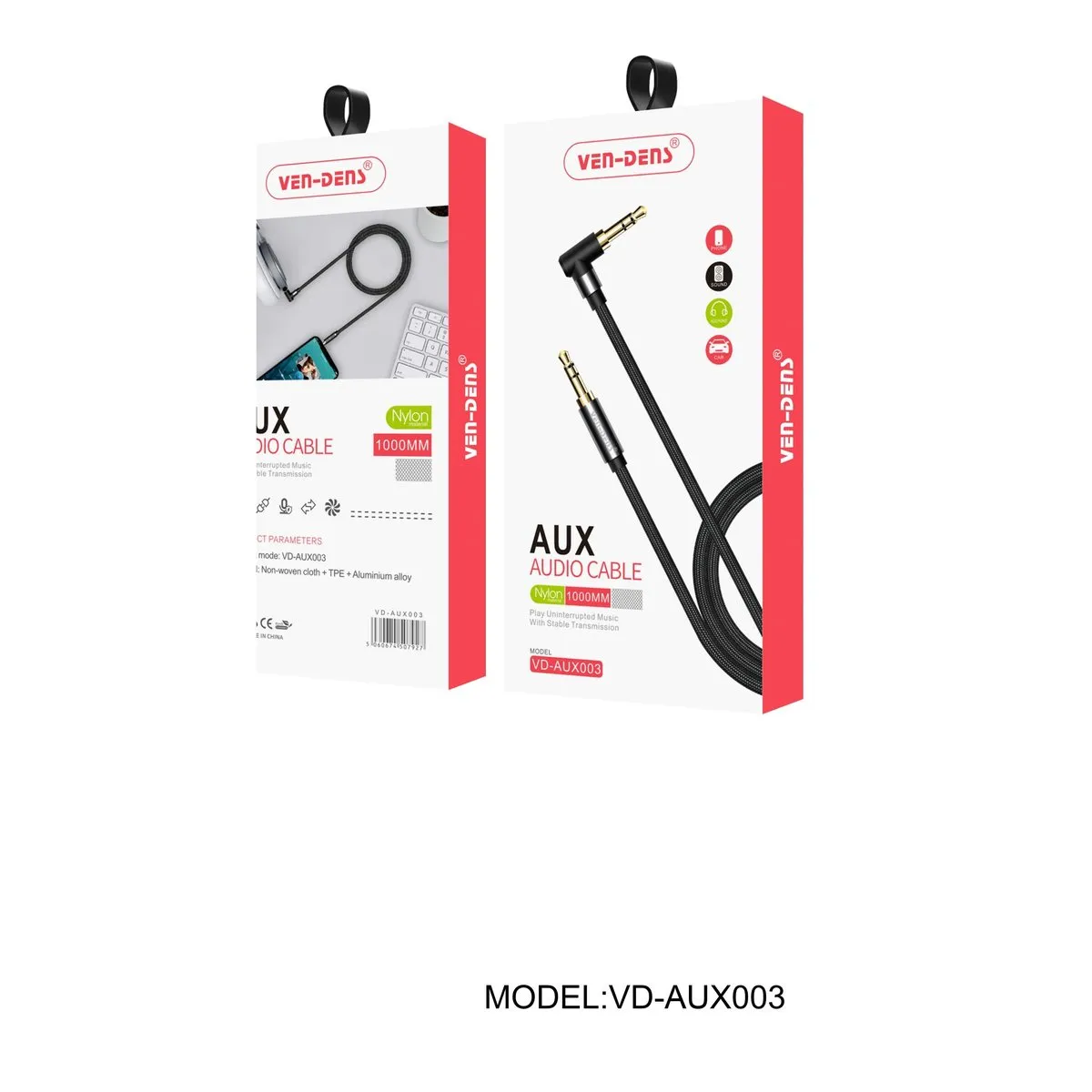 Ven-Dens VD-AUX003 black nylon AUX cable with a right-angle 3.5mm plug, in its box