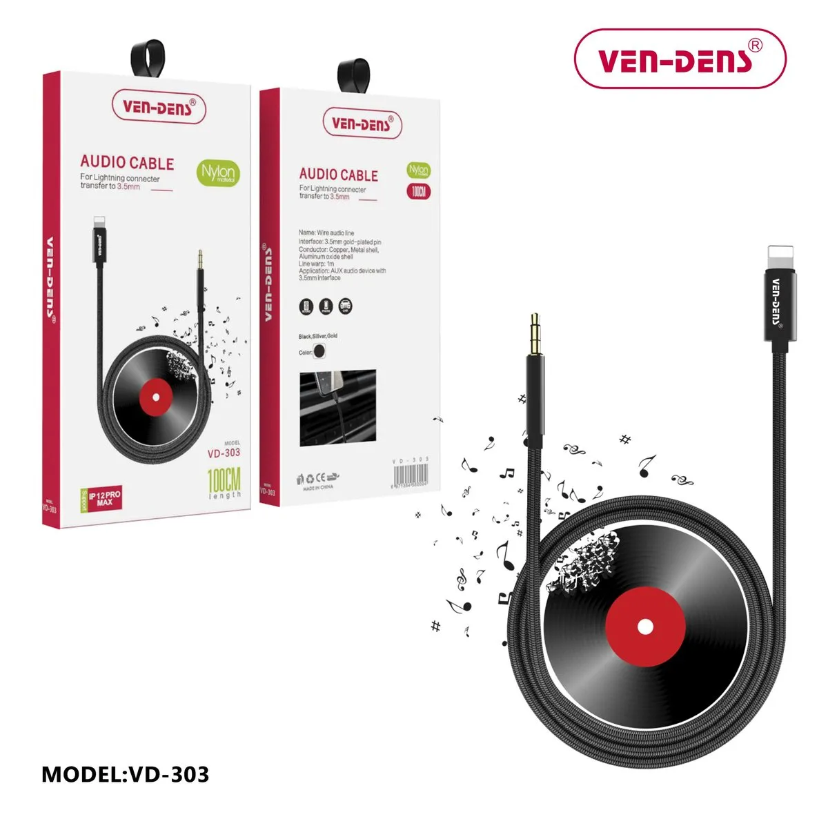 Ven-Dens VD-AUX001 black nylon Lightning to 3.5mm AUX cable, with its box