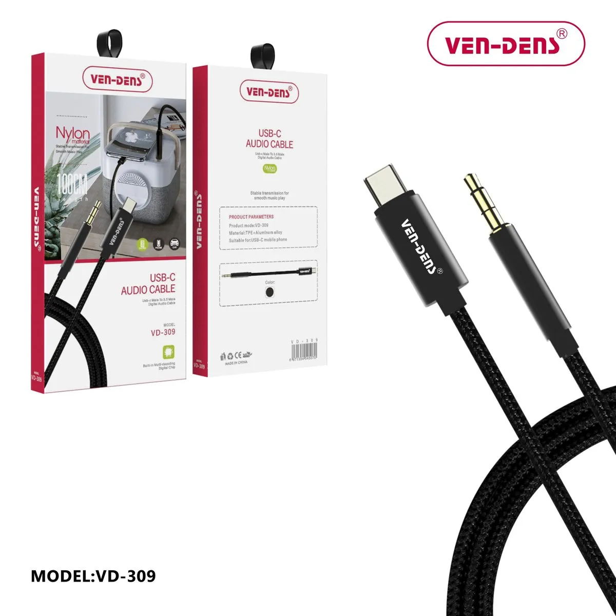 Ven-Dens VD-AUX002 black USB-C to 3.5mm AUX cable, with its box