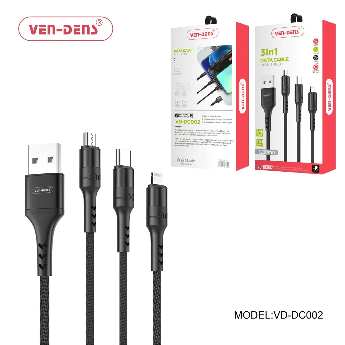 Ven-Dens 3-in-1 charging cable in black with Lightning, USB-C and Micro USB ends, with its box