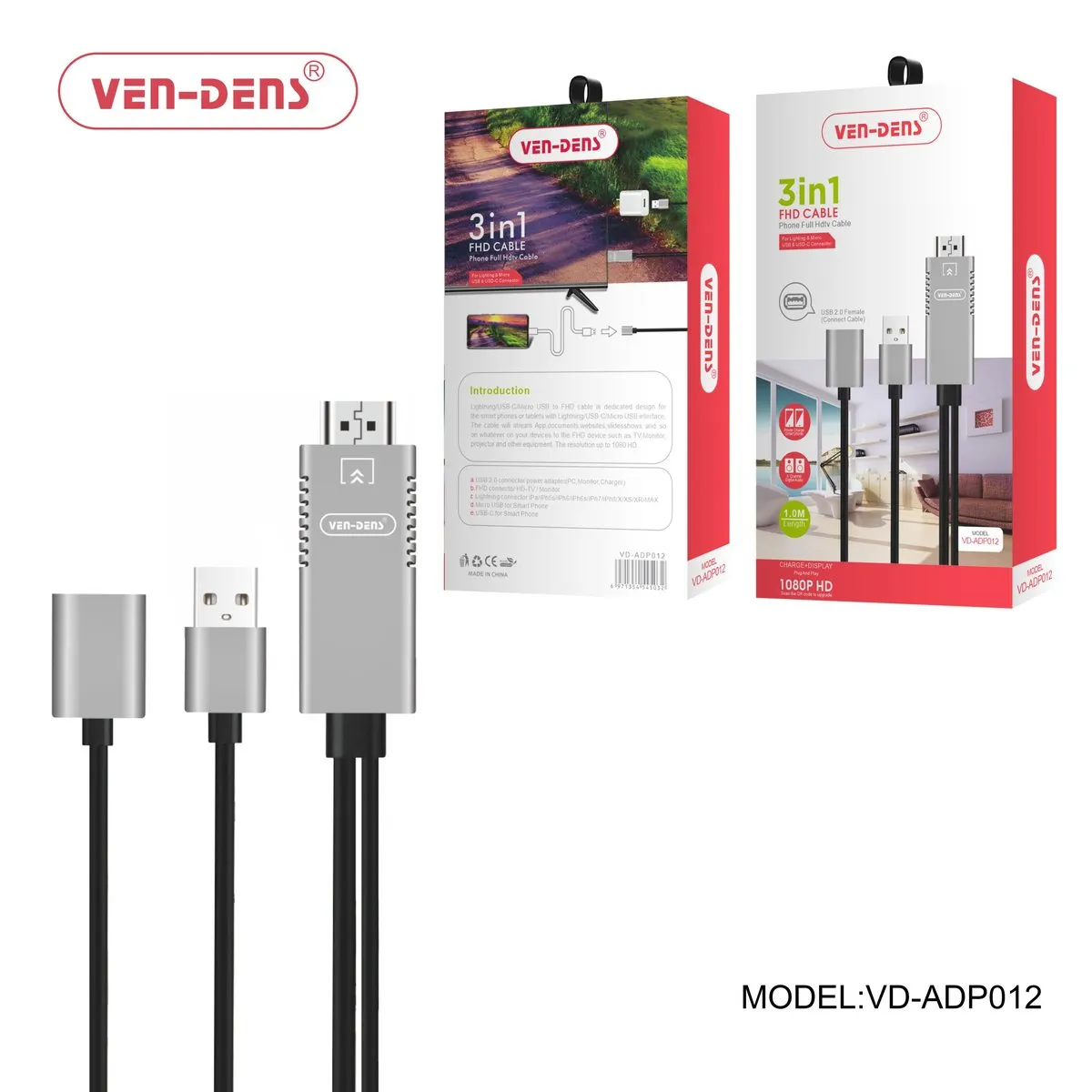 Ven-Dens VD-ADP012 3-in-1 phone to TV cable with an HDMI plug and USB power plug, with its box