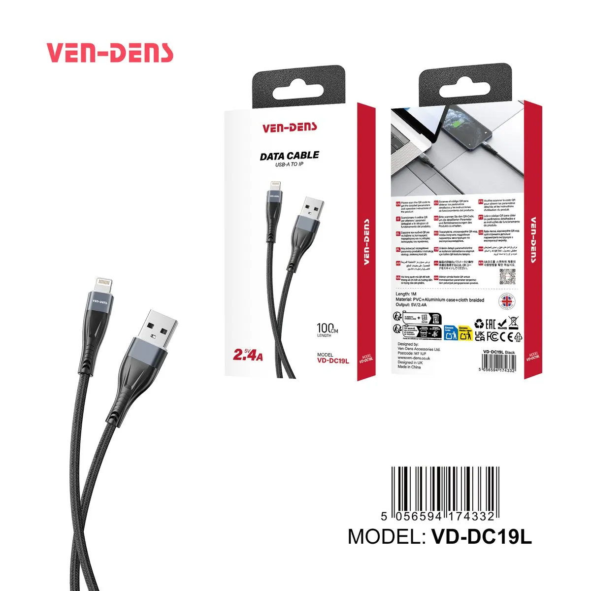 Ven-Dens USB-A to Lightning cable in black, with its box
