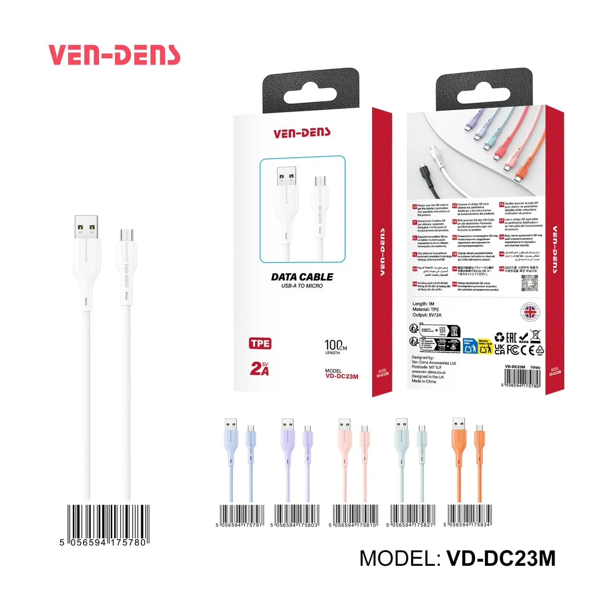 Ven-Dens USB-A to Micro USB cable in white, with its box