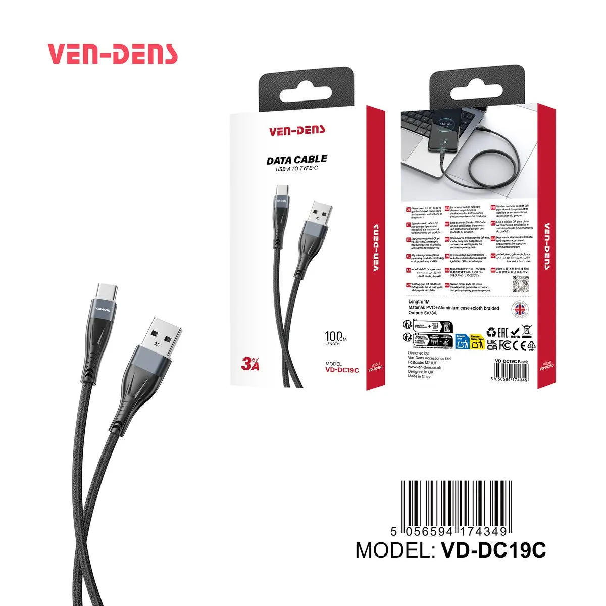 Ven-Dens USB-A to USB-C cable in black, with its box