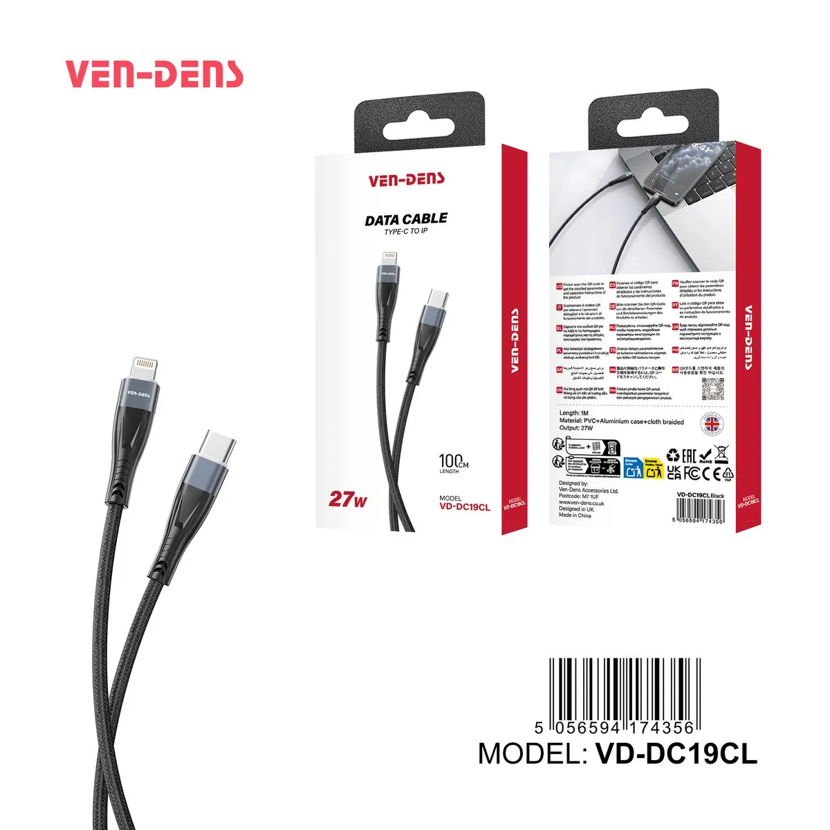 Ven-Dens USB-C to Lightning cable in black, with its box
