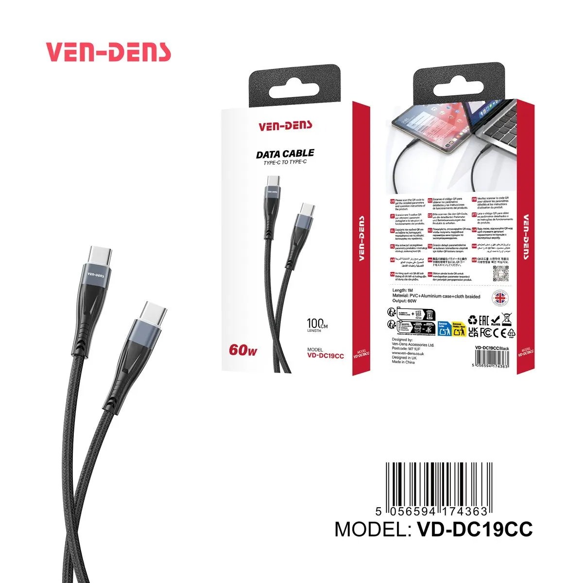 Ven-Dens USB-C to USB-C cable in black, with its box