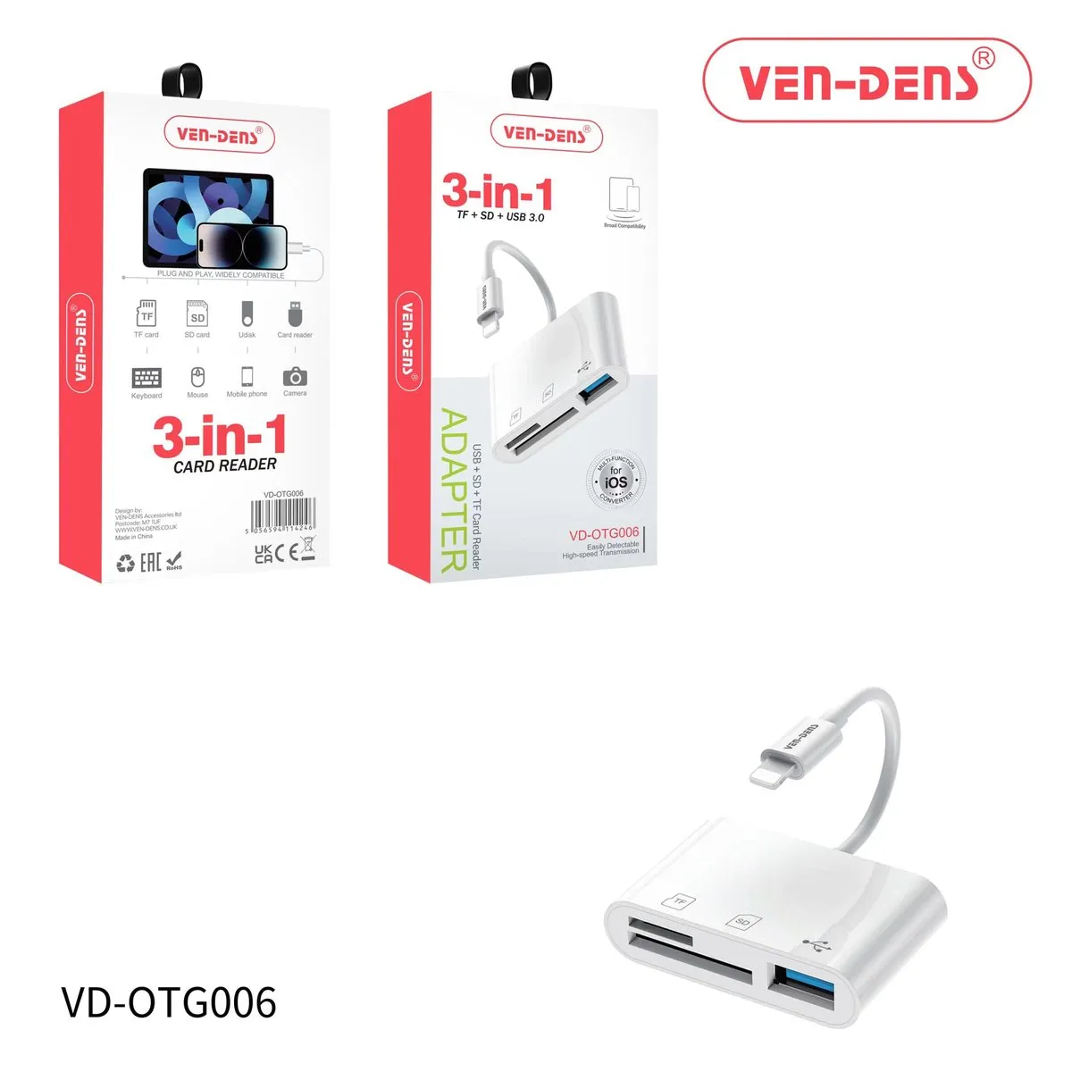 Ven-Dens VD-OTG006 white 3-in-1 card reader with SD, microSD and USB-A slots on a Lightning cable, with its box
