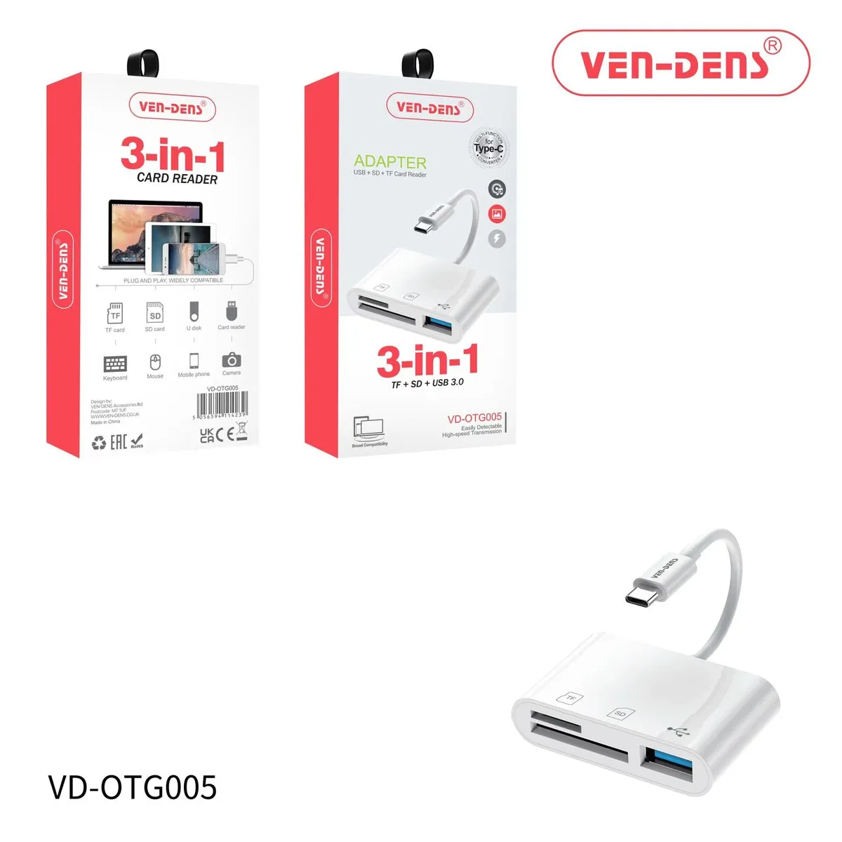Ven-Dens VD-OTG005 white 3-in-1 card reader with SD, microSD and USB-A slots on a USB-C cable, with its box