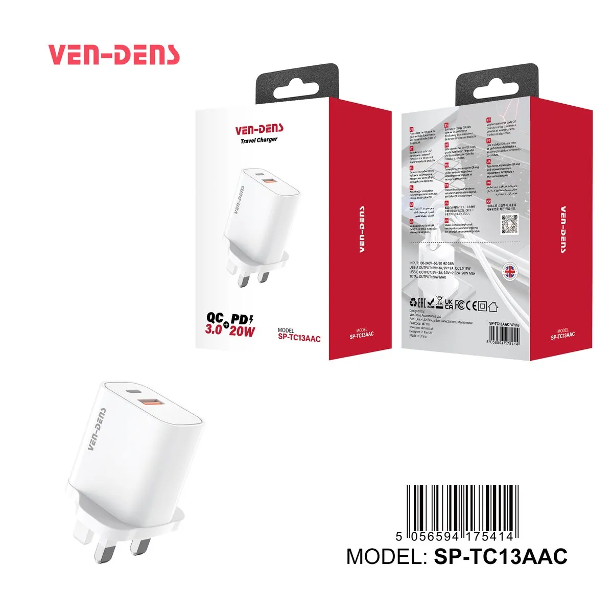 Ven-Dens white 20W UK charger plug with USB-C and USB-A ports, with its box