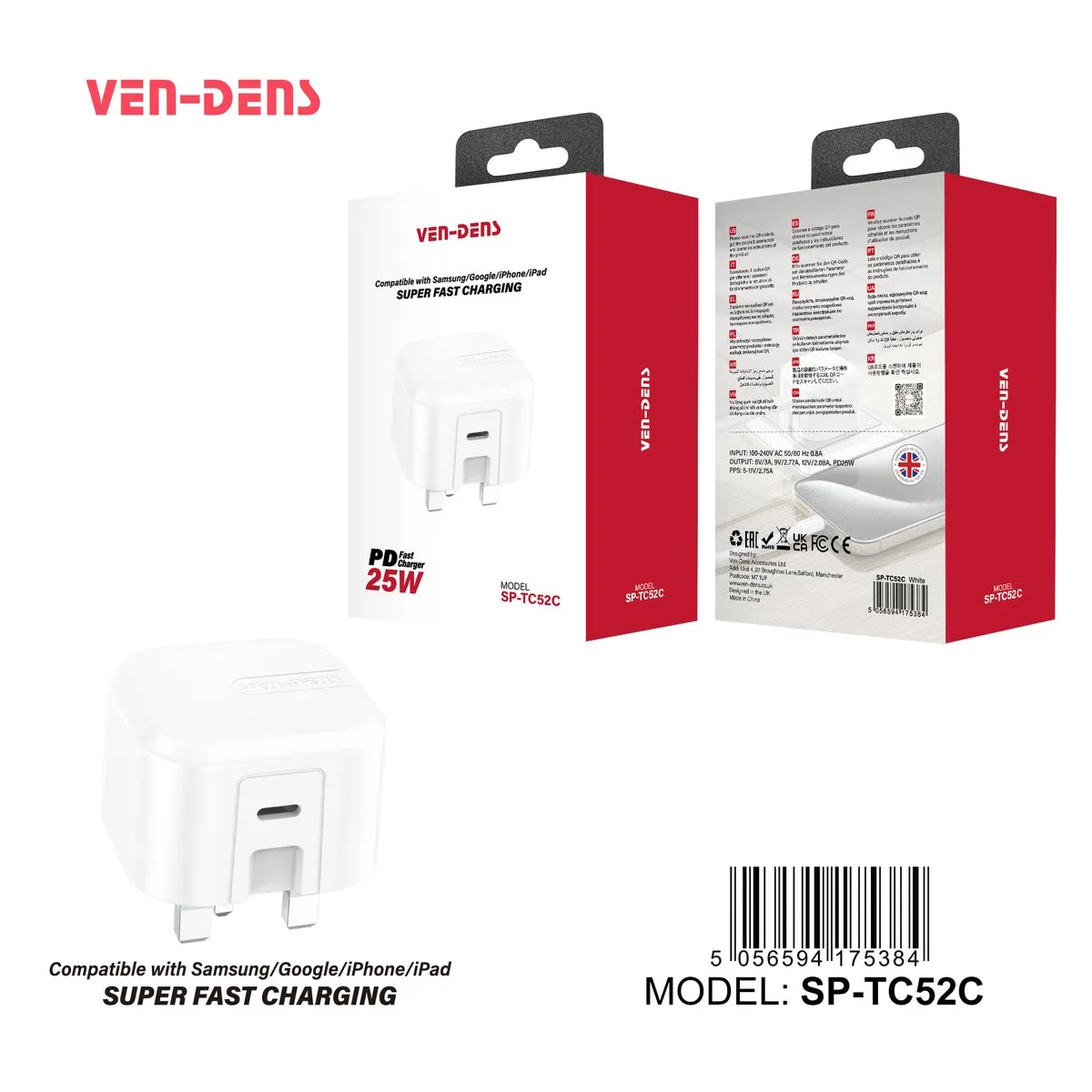 Ven-Dens white 25W UK charger plugs, one with a USB-C port and one with USB-C and USB-A ports, with their boxes
