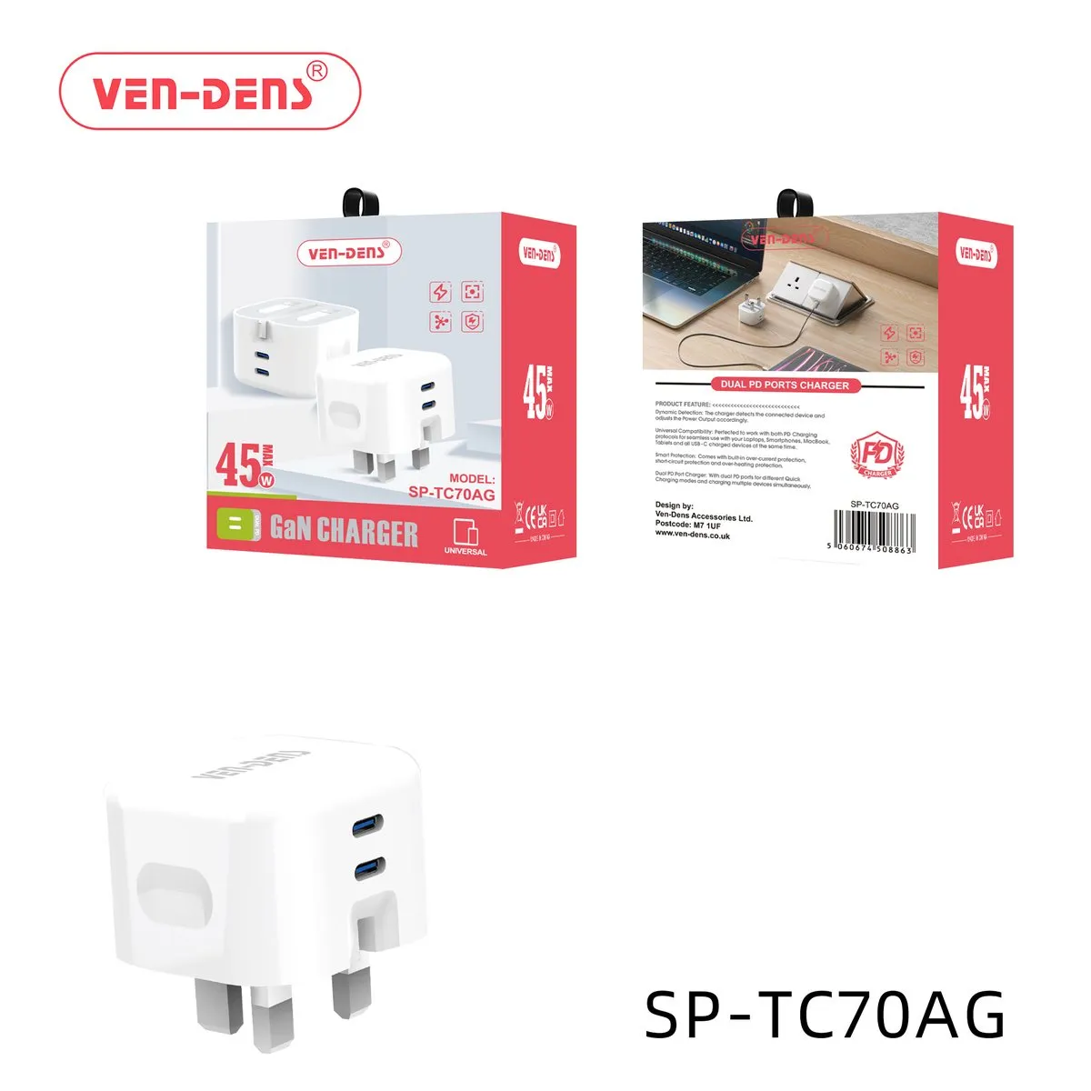 Ven-Dens white GaN UK charger plugs, 45W with two USB-C ports and 65W with two USB-C ports and a USB-A port, with their boxes