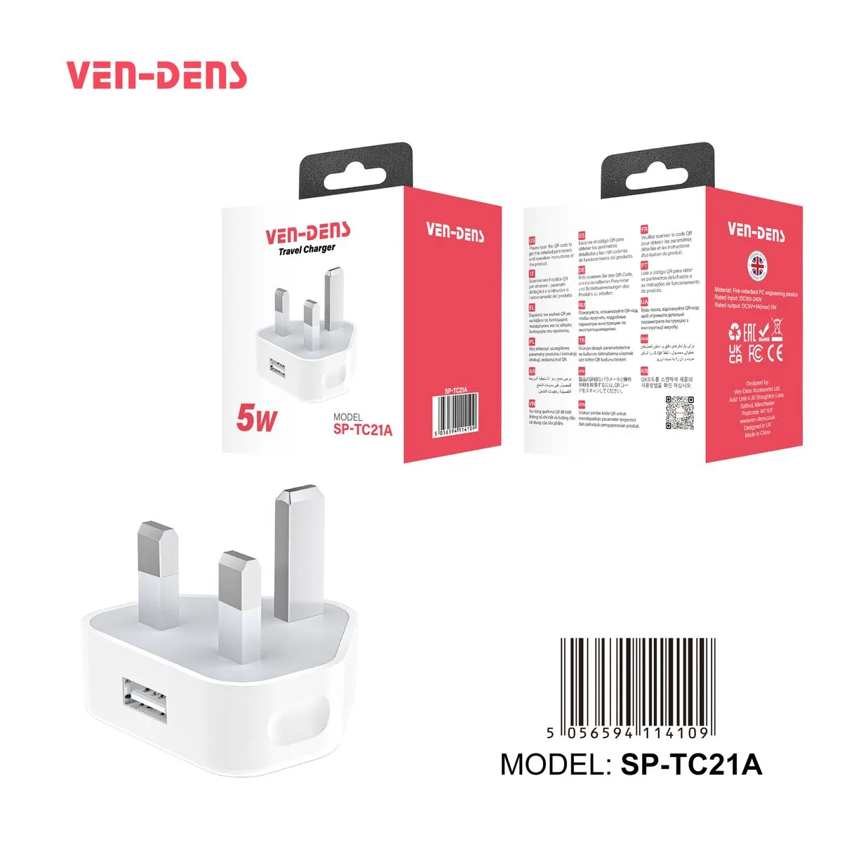 Ven-Dens white UK charger plugs with one USB-A port and with two USB-A ports, with their boxes