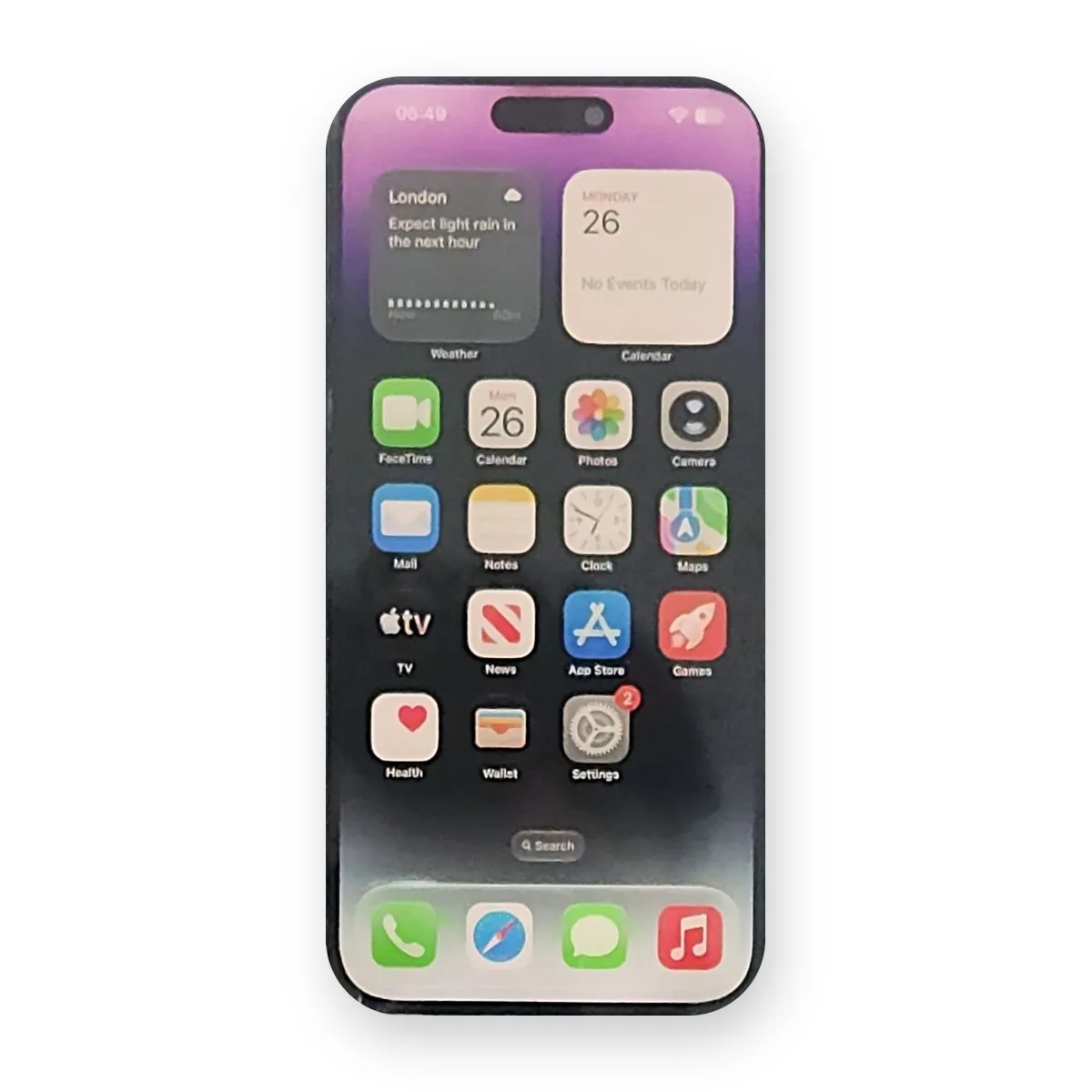 iPhone 14 Pro Max in Deep Purple, front with the screen on