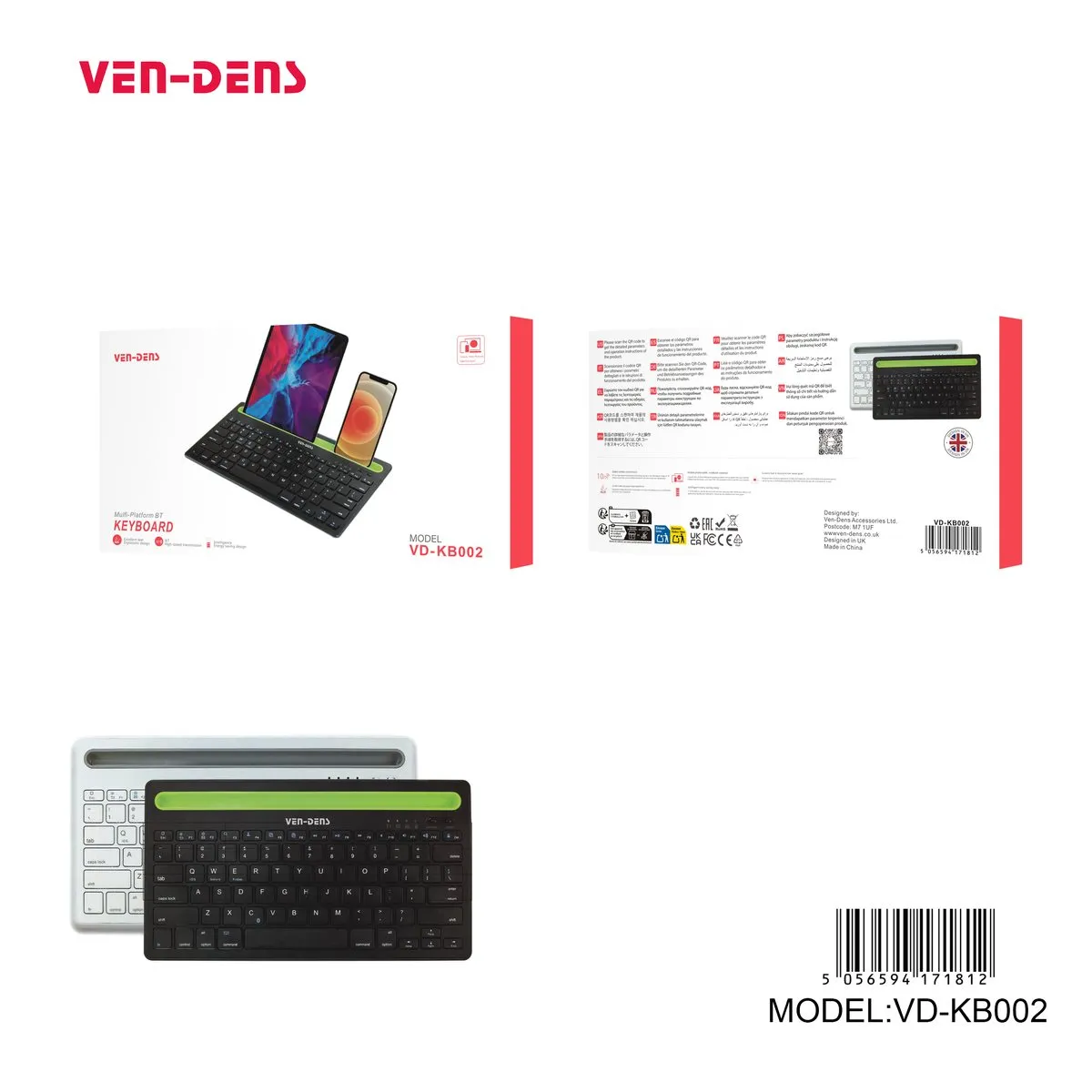 Ven-Dens VD-KB002 compact Bluetooth keyboards in black and white, with a slot holding a phone and a tablet, with its box