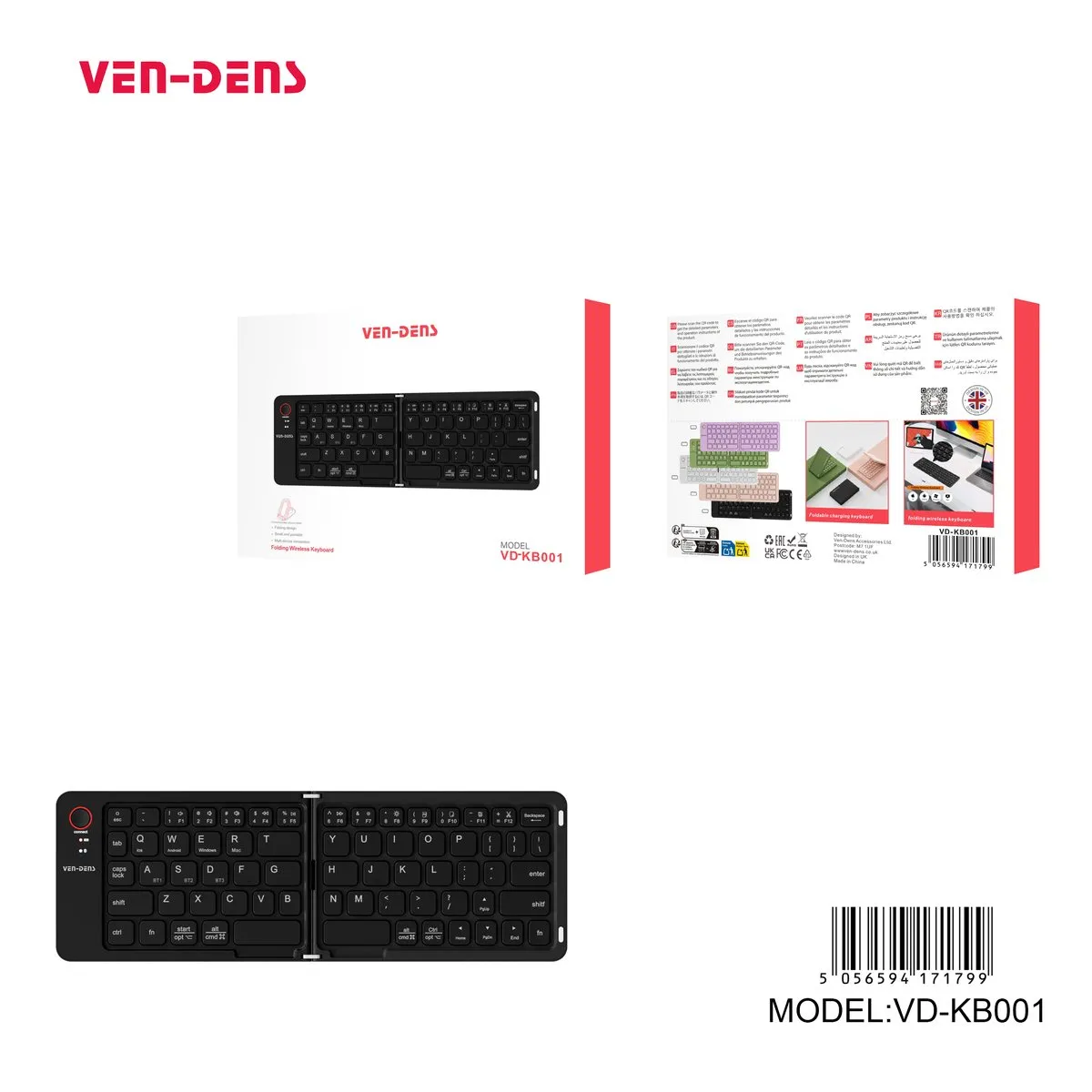 Ven-Dens VD-KB001 black folding Bluetooth keyboard, with its box