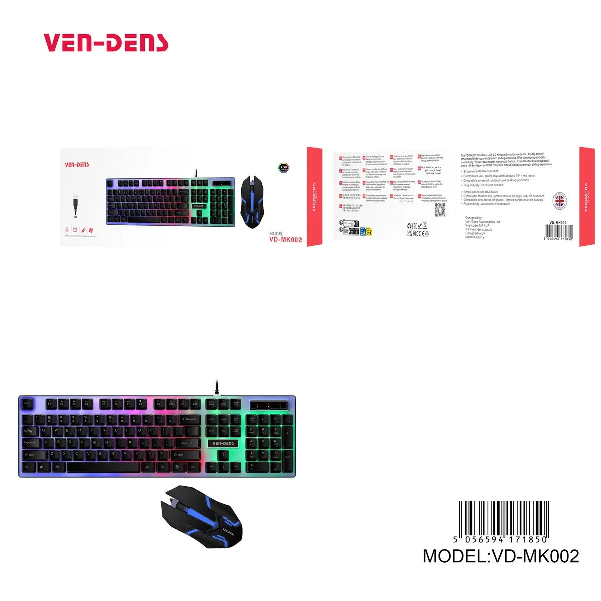 Ven-Dens VD-MK002 gaming keyboard and mouse with rainbow RGB lighting, with its box