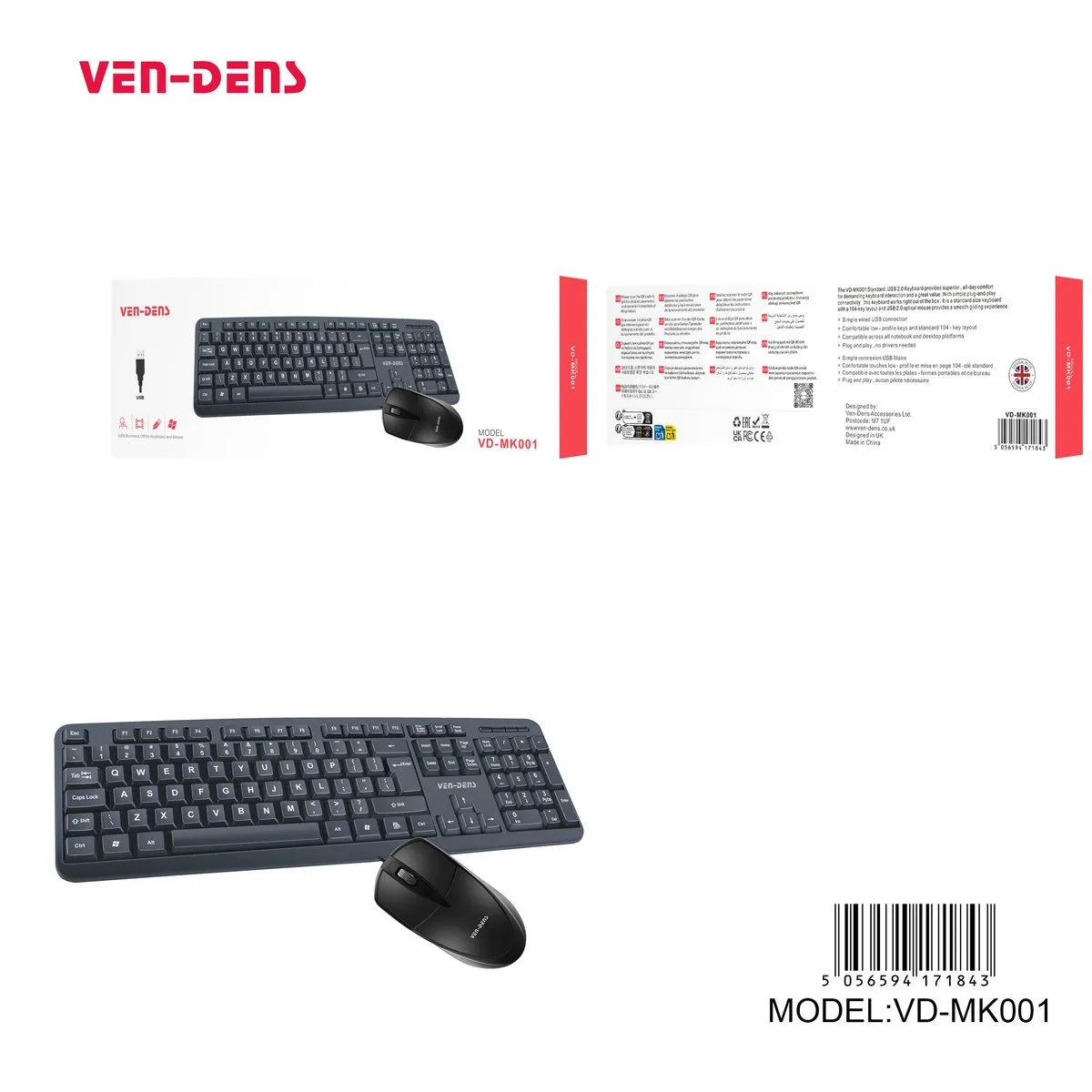 Ven-Dens VD-MK001 black full-size keyboard and mouse, with its box