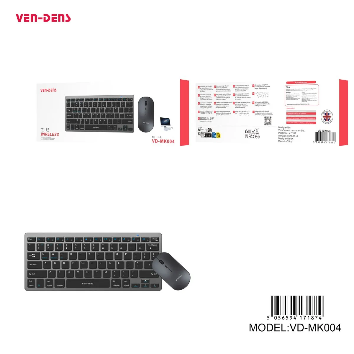 Ven-Dens VD-MK004 slim grey wireless keyboard and mouse, with its box