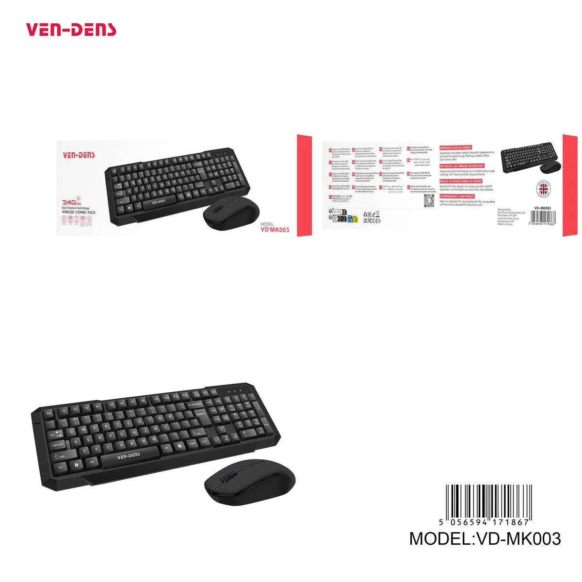 Ven-Dens VD-MK003 black wireless keyboard and mouse, with its box
