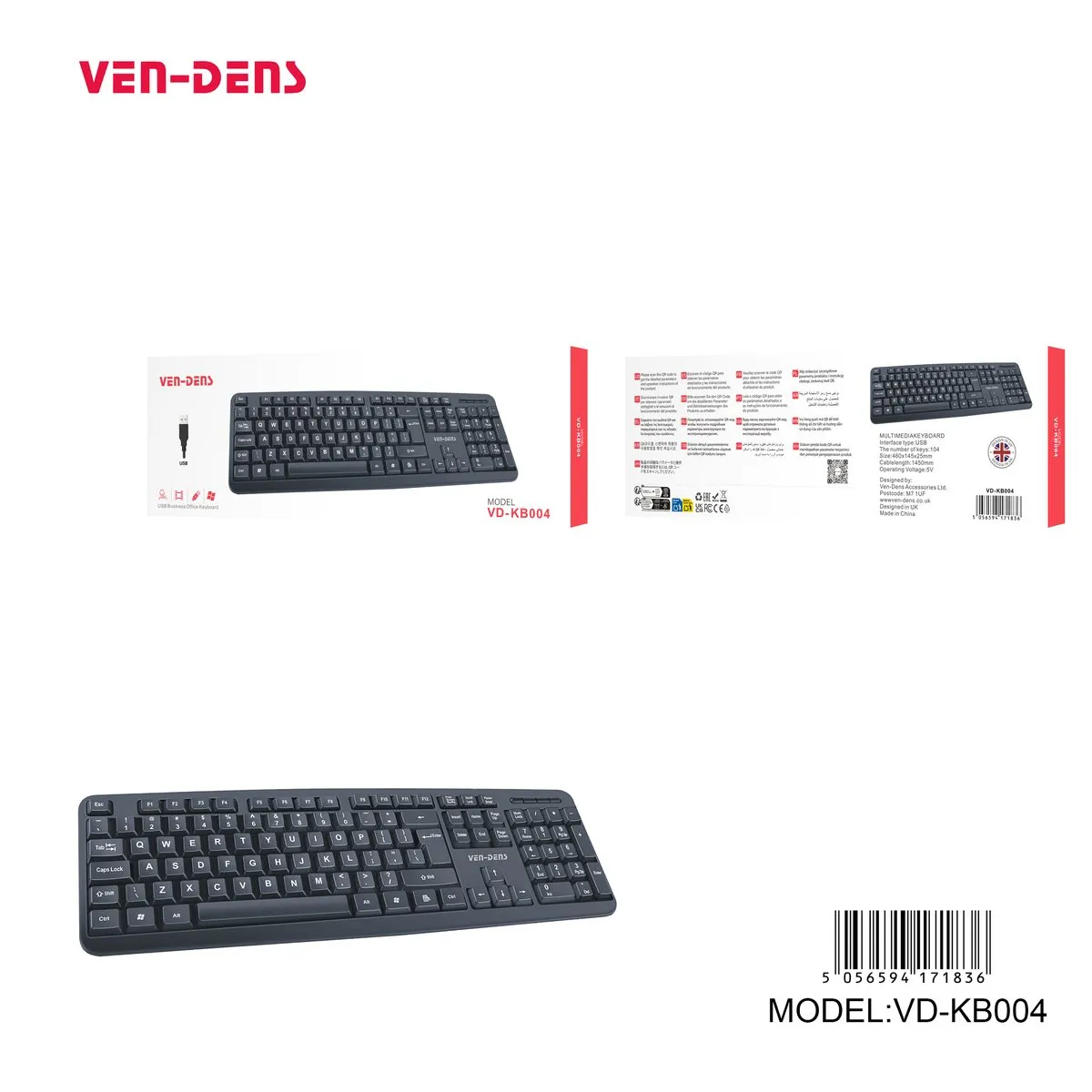 Ven-Dens VD-KB004 black full-size multimedia keyboard, with its box