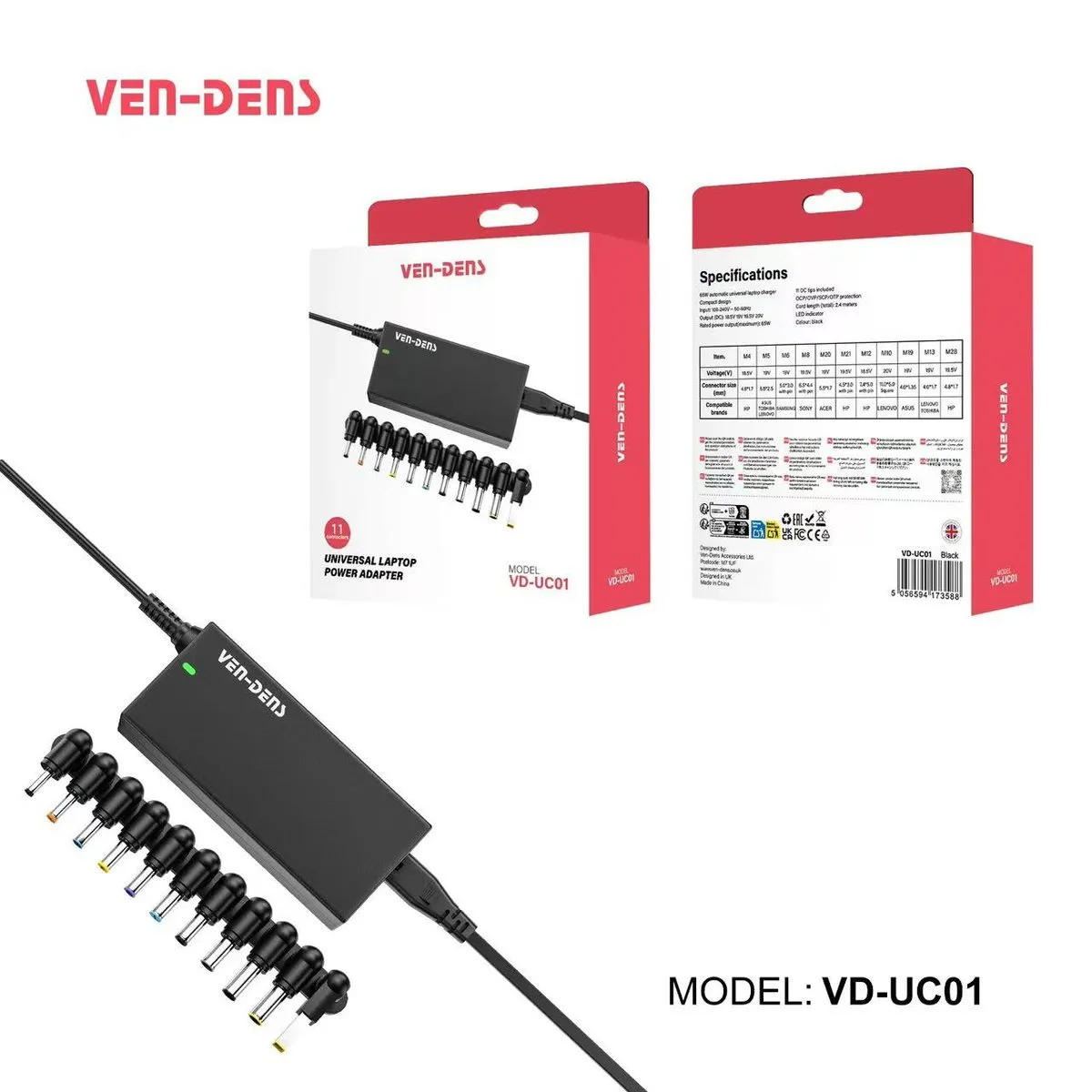 Ven-Dens VD-UC01 65W universal laptop charger in black with its 11 connector tips, beside its box