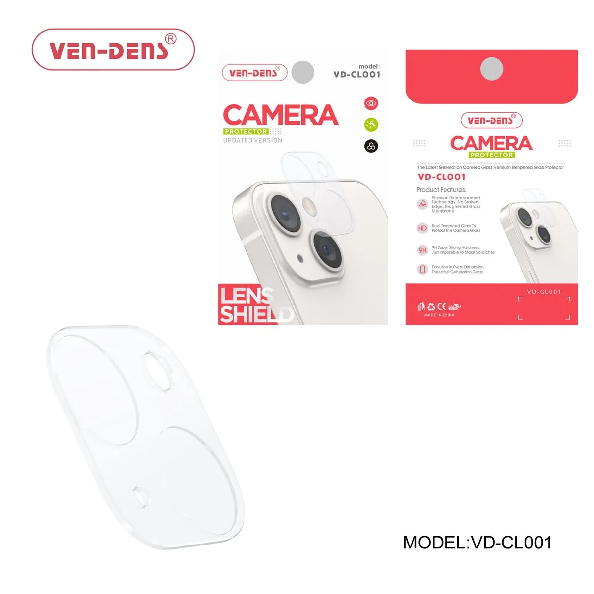 Ven-Dens clear camera lens protector, a single piece of glass shaped to an iPhone camera, with its packaging