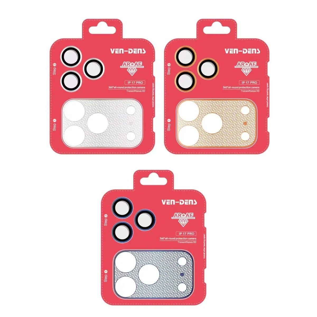 Ven-Dens ring camera lens protectors for iPhone 17 Pro in silver, orange and blue, in their packaging
