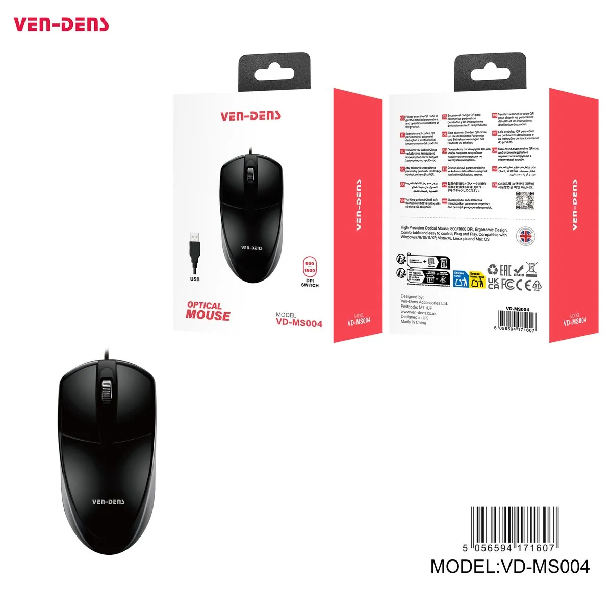 Ven-Dens VD-MS004 black wired optical mouse, with its box