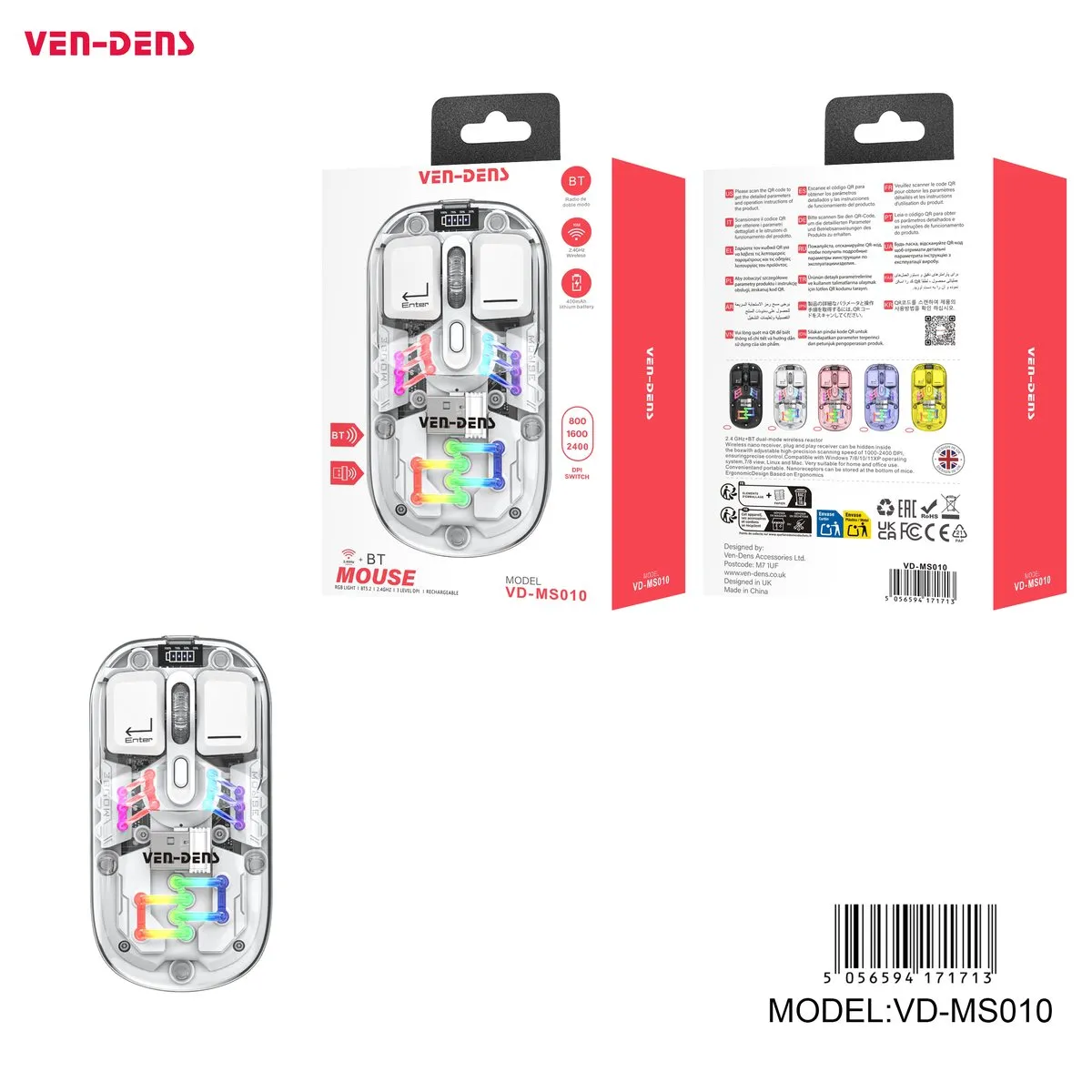 Ven-Dens VD-MS010 see-through wireless mouse, with its box