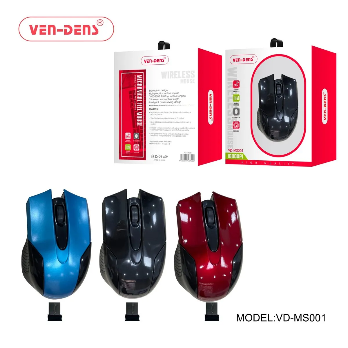Ven-Dens VD-MS001 wireless gaming mice in blue, black and red, with their USB receivers and box