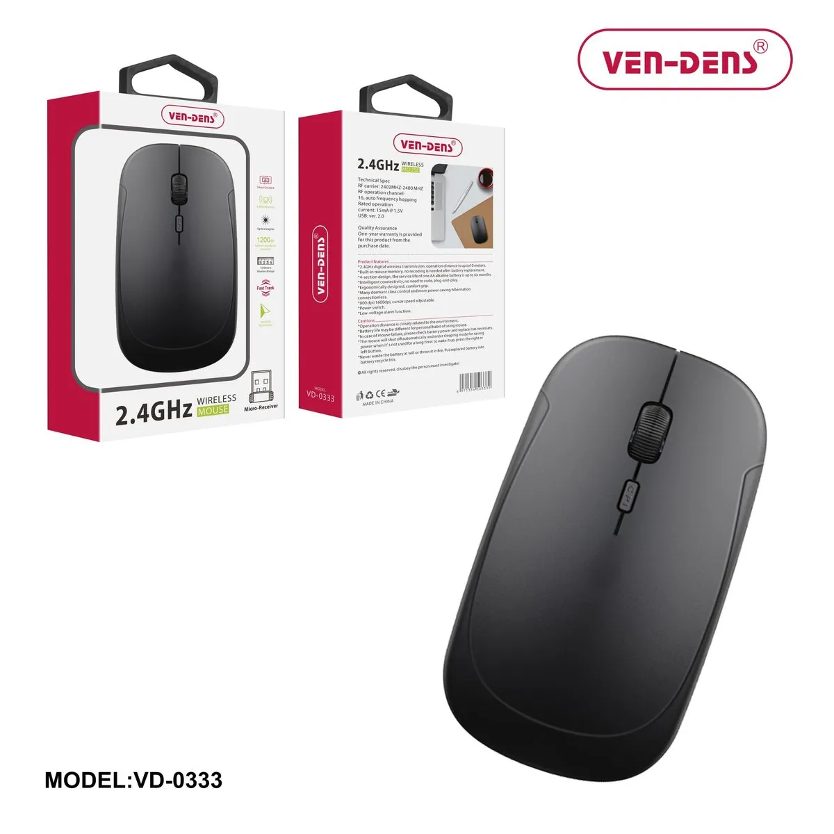 Ven-Dens VD-0333 slim black wireless mouse, with its box