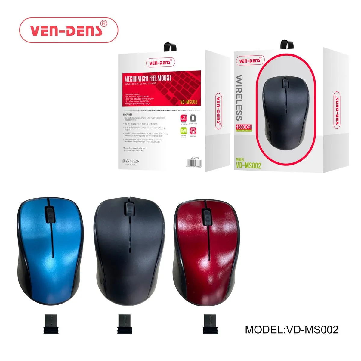Ven-Dens VD-MS002 wireless mice in blue, black and red, with their USB receivers and box