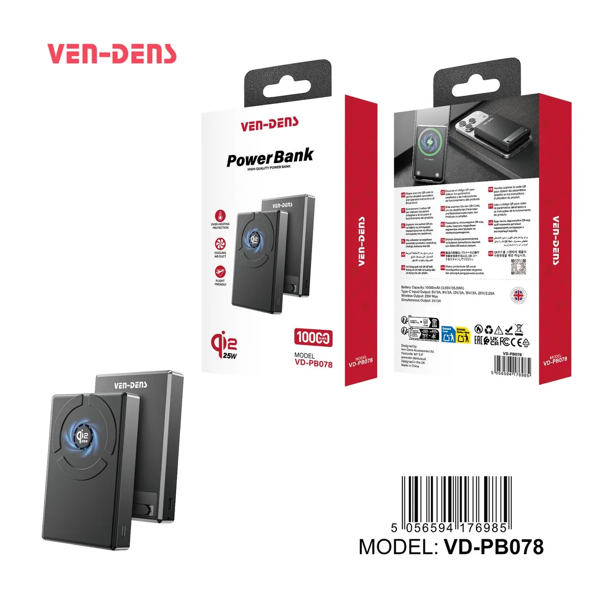 Ven-Dens 10,000mAh magnetic wireless power bank, with its box