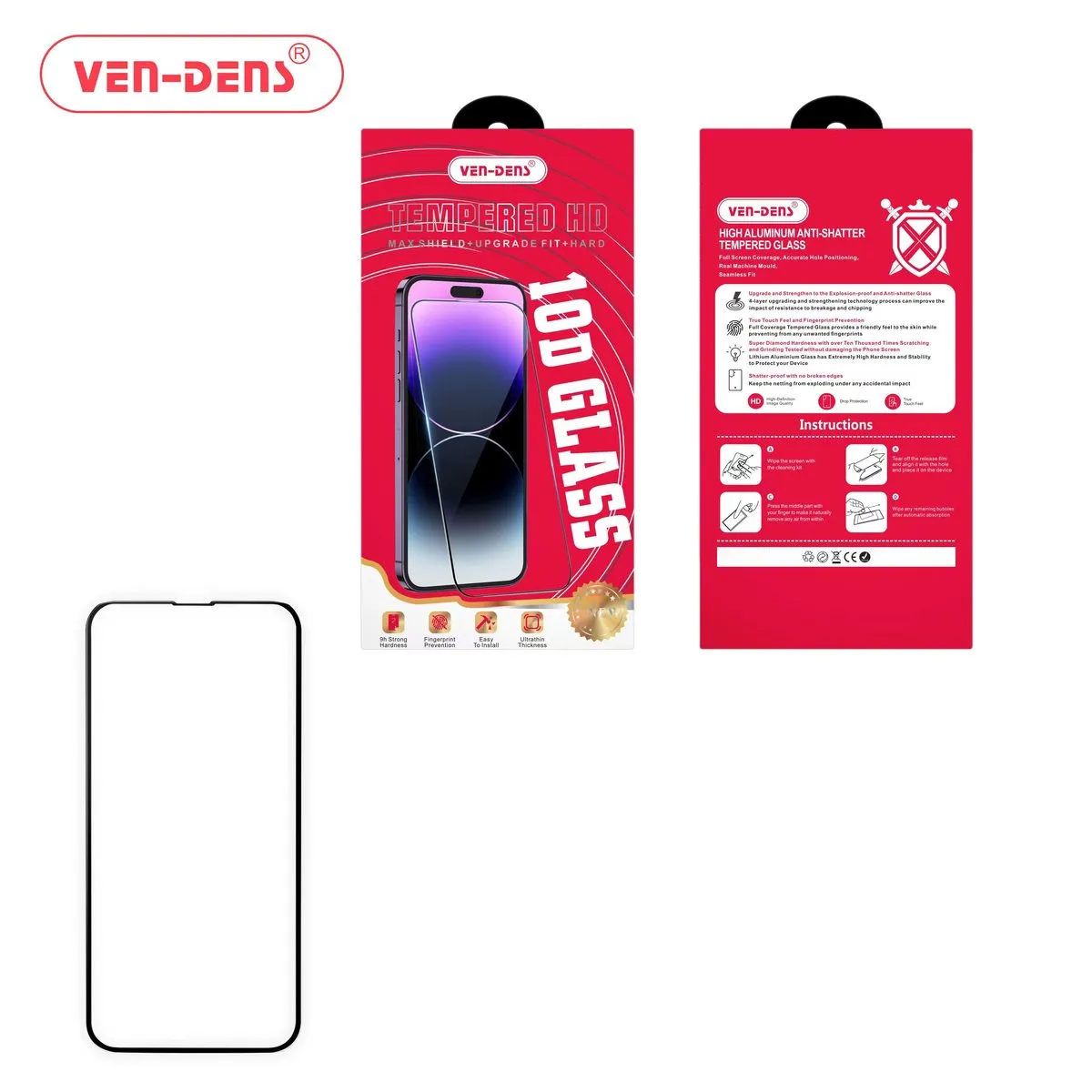 Ven-Dens 10D tempered glass with a black border, and its packaging