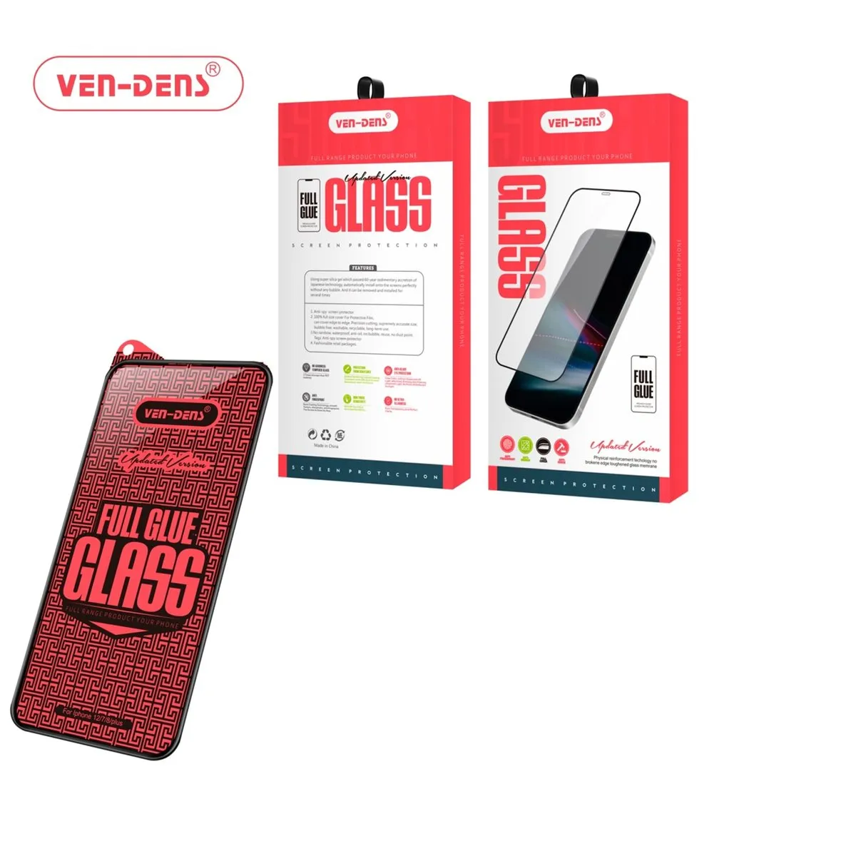 Ven-Dens full glue glass screen protector with a black border, and its packaging