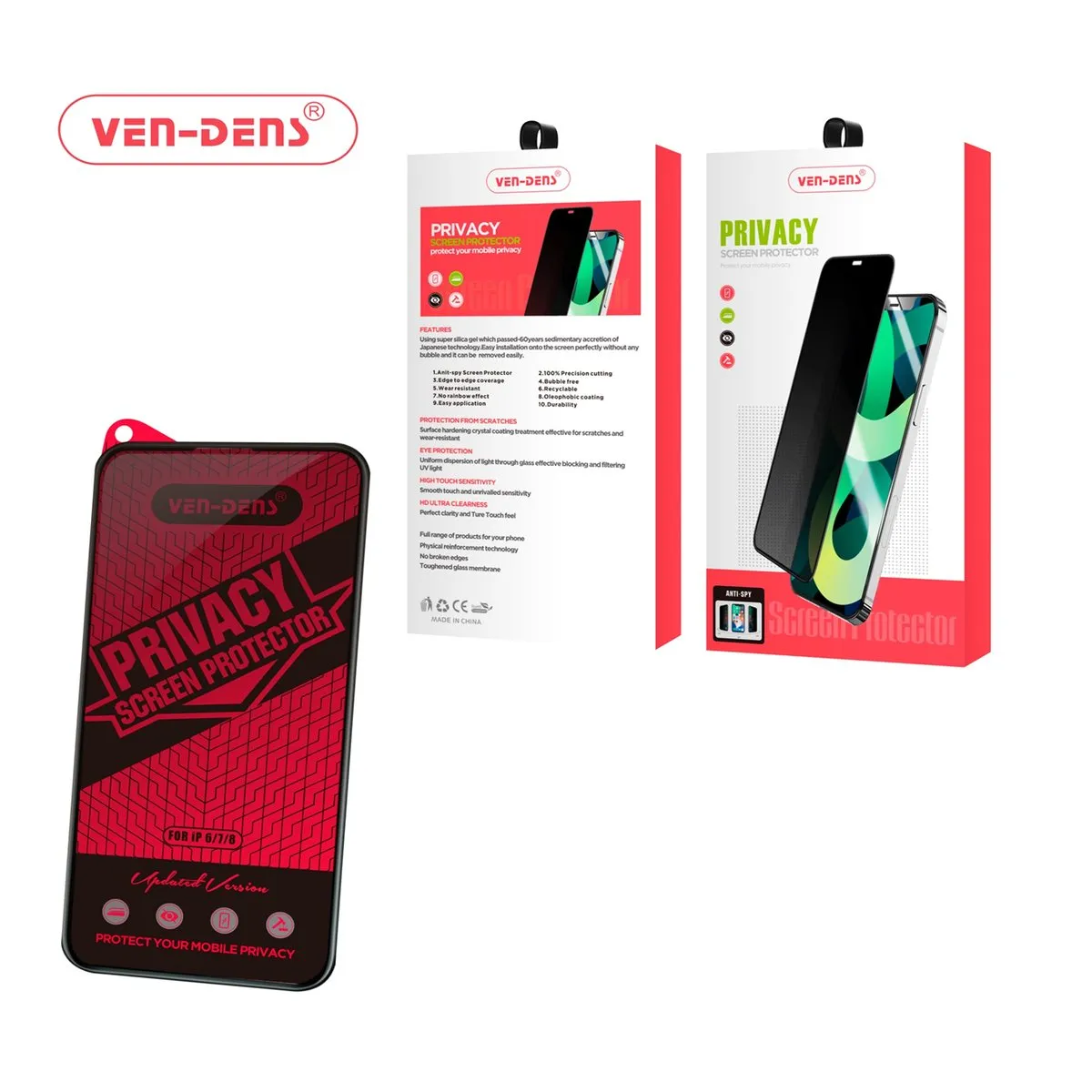Ven-Dens privacy screen protector on a phone, with its packaging