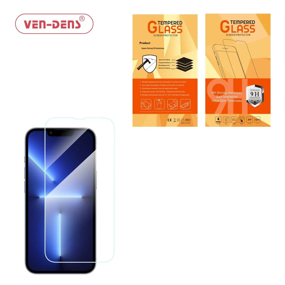 Ven-Dens tempered glass screen protector beside an iPhone, with its packaging